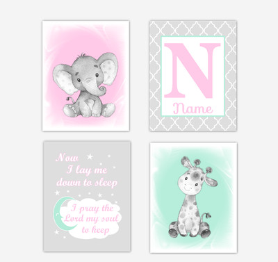Safari Animals Pink Mint Green Baby Girl Nursery Decor Wall Art Prints Elephant Giraffe Personalized Pictures New Baby Girl SET OF 4 UNFRAMED PRINTS or CANVAS