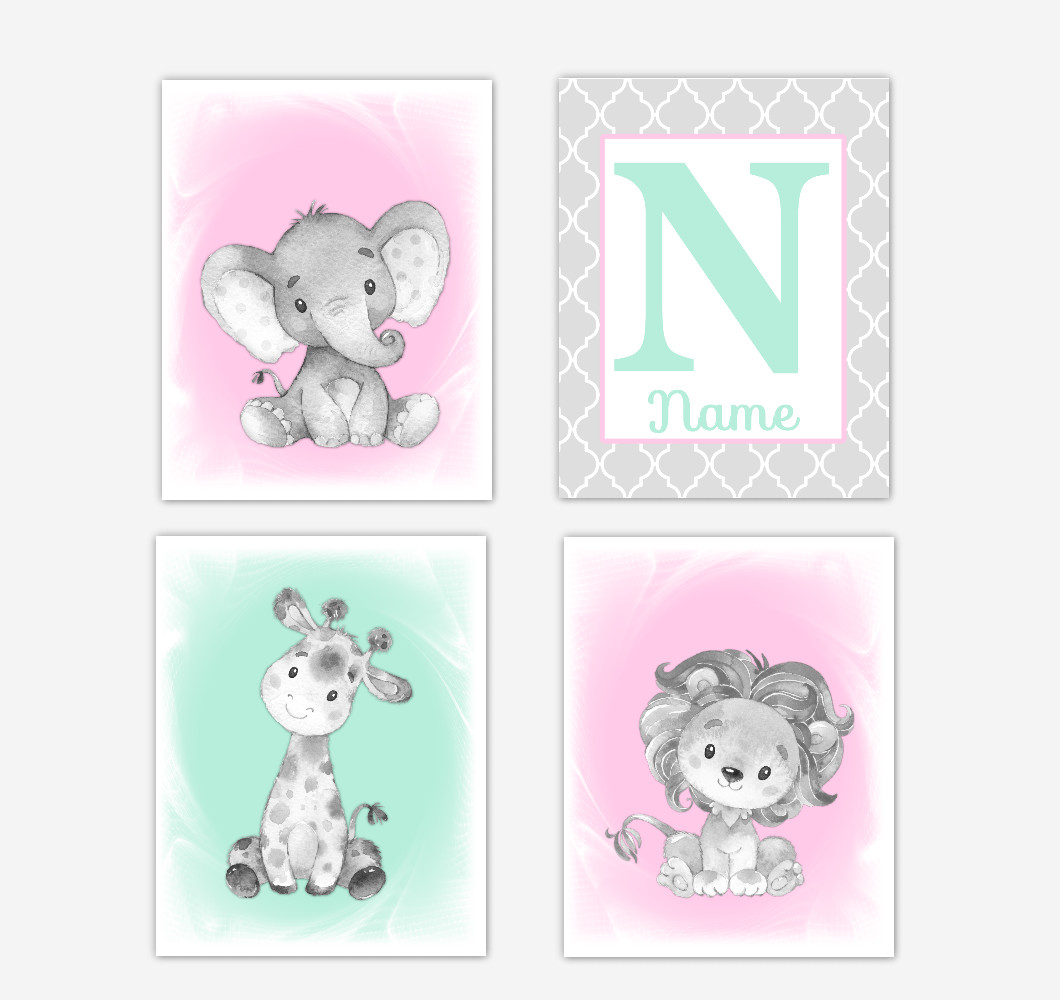 Safari Animals Pink Mint Green Baby Girl Nursery Decor Wall Art Prints Elephant Giraffe Lion Personalized Pictures New Baby Girl SET OF 4 UNFRAMED PRINTS or CANVAS