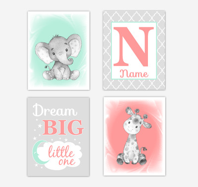 Safari Animals Coral Mint Green Baby Girl Nursery Decor Wall Art Prints Elephant Giraffe Personalized Pictures New Baby Girl SET OF 4 UNFRAMED PRINTS or CANVAS Safari Animals Coral Mint Green Baby Girl Nursery Decor Wall Art Prints Elephant Giraffe Personalized Pictures New Baby Girl SET OF 4 UNFRAMED PRINTS or CANVAS