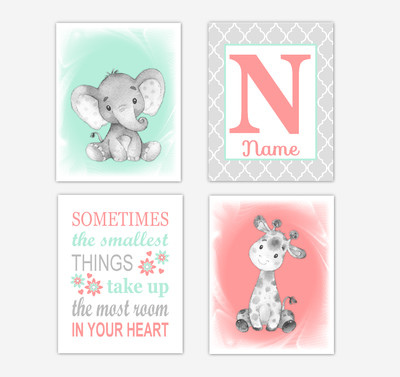 Safari Animals Coral Mint Green Baby Girl Nursery Decor Wall Art Prints Elephant Giraffe Personalized Pictures New Baby Girl SET OF 4 UNFRAMED PRINTS or CANVAS