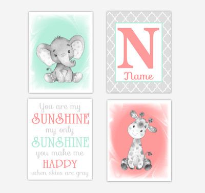 Safari Animals Coral Mint Green Baby Girl Nursery Decor Wall Art Prints Elephant Giraffe Personalized Pictures New Baby Girl SET OF 4 UNFRAMED PRINTS or CANVAS