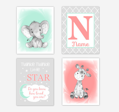 Safari Animals Coral Mint Green Baby Girl Nursery Decor Wall Art Prints Elephant Giraffe Personalized Pictures New Baby Girl SET OF 4 UNFRAMED PRINTS or CANVAS Safari Animals Coral Mint Green Baby Girl Nursery Decor Wall Art Prints Elephant Giraffe Personalized Pictures New Baby Girl SET OF 4 UNFRAMED PRINTS or CANVAS
