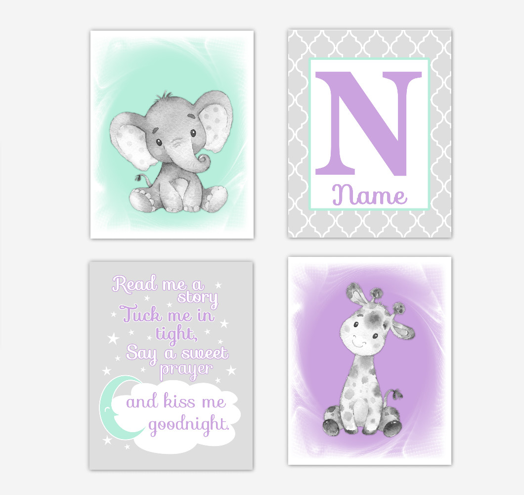 Safari Animals Purple Mint Green Baby Girl Nursery Decor Wall Art Prints Elephant Giraffe Personalized Pictures New Baby Girl SET OF 4 UNFRAMED PRINTS or CANVAS