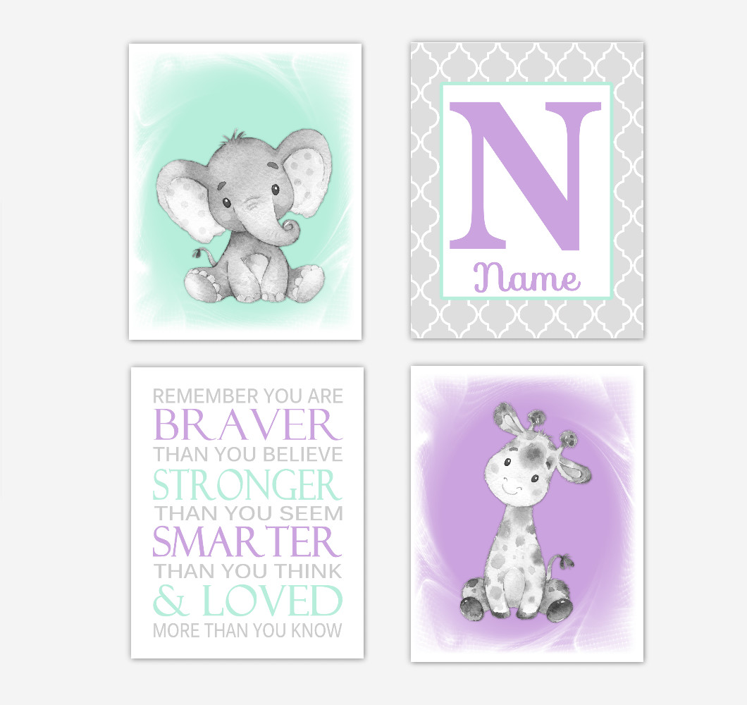 Safari Animals Purple Mint Green Baby Girl Nursery Decor Wall Art Prints Elephant Giraffe Personalized Pictures New Baby Girl SET OF 4 UNFRAMED PRINTS or CANVAS