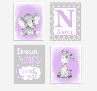 Safari Animals Purple Lavender Baby Girl Nursery Decor Wall Art Prints Elephant Giraffe Personalized Pictures New Baby Girl SET OF 4 UNFRAMED PRINTS or CANVAS