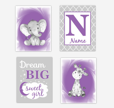Safari Animals Purple Baby Girl Nursery Decor Wall Art Prints Elephant Giraffe Personalized Pictures New Baby Girl SET OF 4 UNFRAMED PRINTS or CANVAS