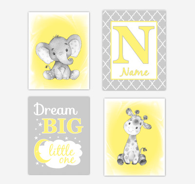 Gender Neutral Yellow Safari Animals Baby Nursery Decor Wall Art Prints Elephant Giraffe Personalized Pictures New Baby Gift SET OF 4 UNFRAMED PRINTS or CANVAS