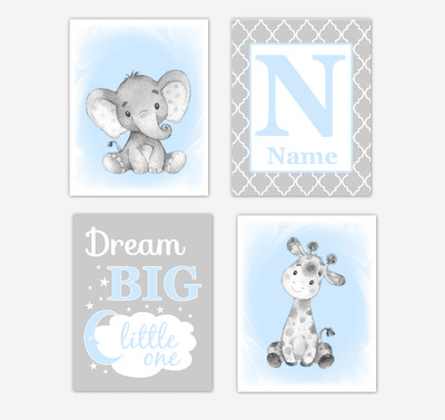 Blue Gray Safari Animals Baby Boy Nursery Decor Wall Art Prints Elephant Giraffe Personalized Pictures New Baby Gift SET OF 4 UNFRAMED PRINTS or CANVAS