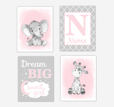 Pink Safari Animals Baby Girl Nursery Decor Wall Art Prints Elephant Giraffe Personalized Pictures New Baby Gift SET OF 4 UNFRAMED PRINTS or CANVAS