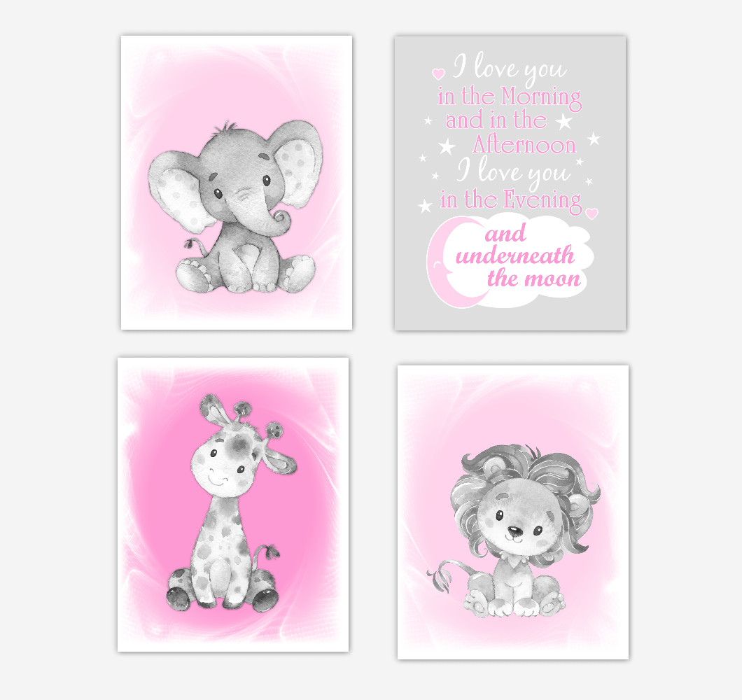 Pink Safari Animals Baby Girl Nursery Decor Wall Art Prints Elephant Giraffe Lion Pictures New Baby Gift SET OF 4 UNFRAMED PRINTS or CANVAS