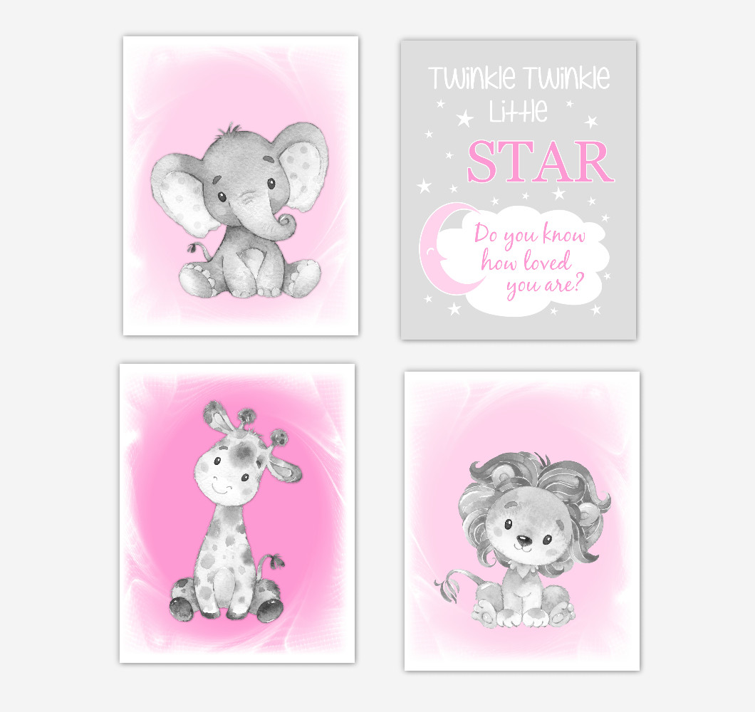Pink Safari Animals Baby Girl Nursery Decor Wall Art Prints Elephant Giraffe Lion Pictures New Baby Gift SET OF 4 UNFRAMED PRINTS or CANVAS