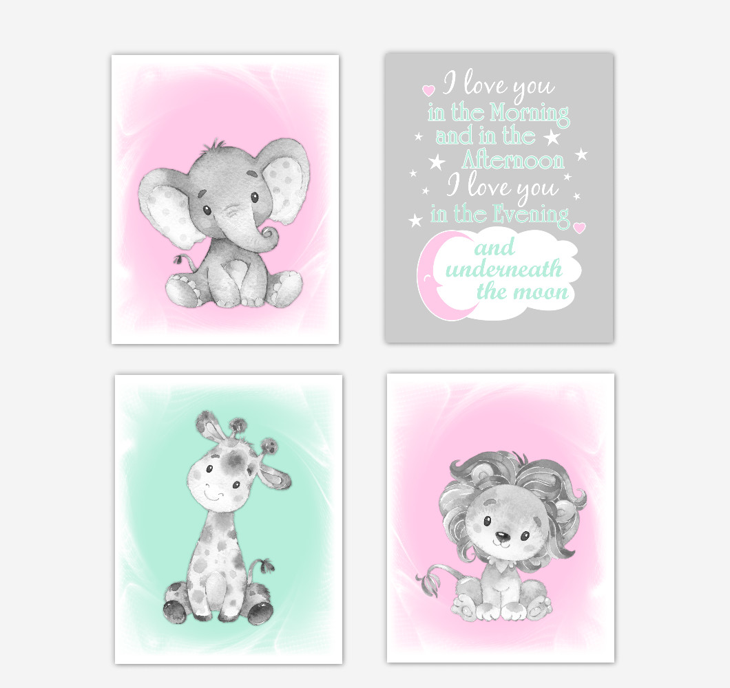 Pink Mint Green Safari Animals Baby Girl Nursery Decor Wall Art Prints Elephant Giraffe Lion Pictures New Baby Gift SET OF 4 UNFRAMED PRINTS or CANVAS