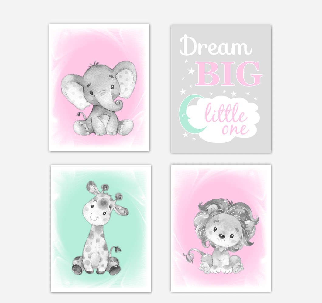 Pink Mint Green Safari Animals Baby Girl Nursery Decor Wall Art Prints Elephant Giraffe Lion Pictures New Baby Gift SET OF 4 UNFRAMED PRINTS or CANVAS