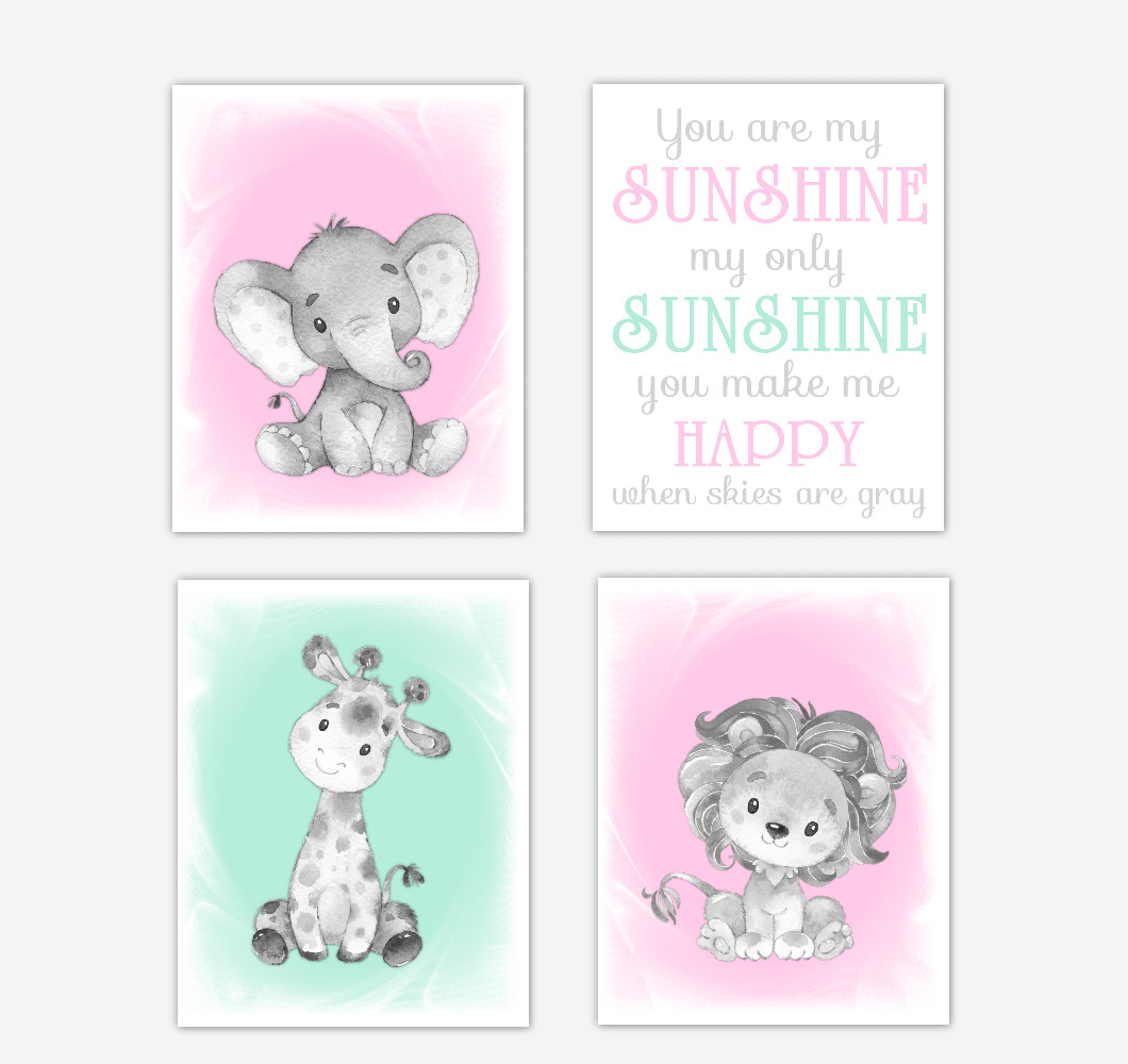 Pink Mint Green Safari Animals Baby Girl Nursery Decor Wall Art Prints Elephant Giraffe Lion Pictures New Baby Gift SET OF 4 UNFRAMED PRINTS or CANVAS