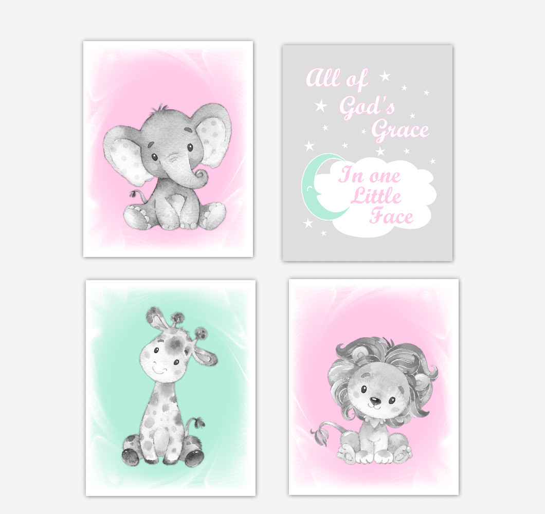 Pink Mint Green Safari Animals Baby Girl Nursery Decor Wall Art Prints Elephant Giraffe Lion Pictures New Baby Gift SET OF 4 UNFRAMED PRINTS or CANVAS