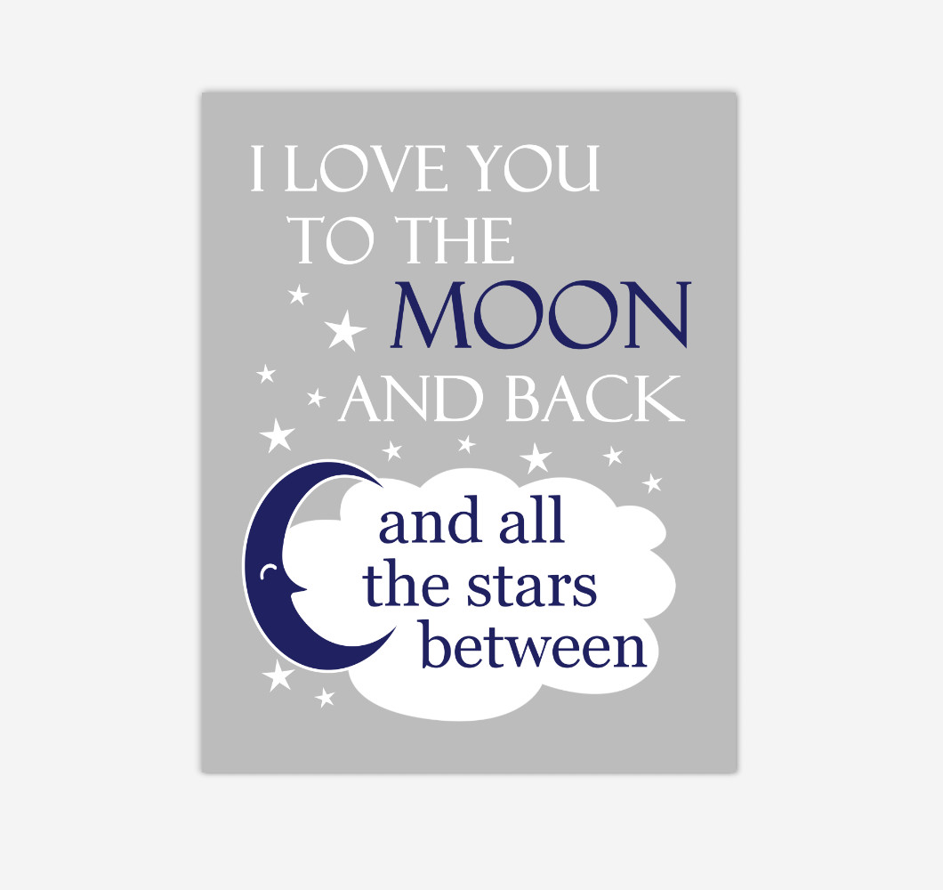 Navy Blue Gray I Love You To The Moon And Back Baby Boy Nursery Wall Art Print Canvas Decor Inspirational Quotes