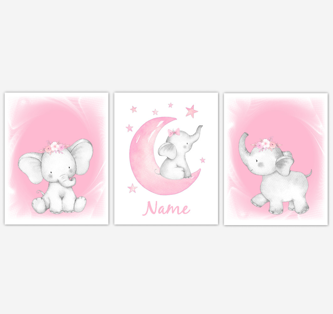 Pink Elephant Baby Girl Nursery Decor Watercolor Wall Art Shower Gift Kids Bedroom Pictures Set of 3 UNFRAMED PRINTS or CANVAS