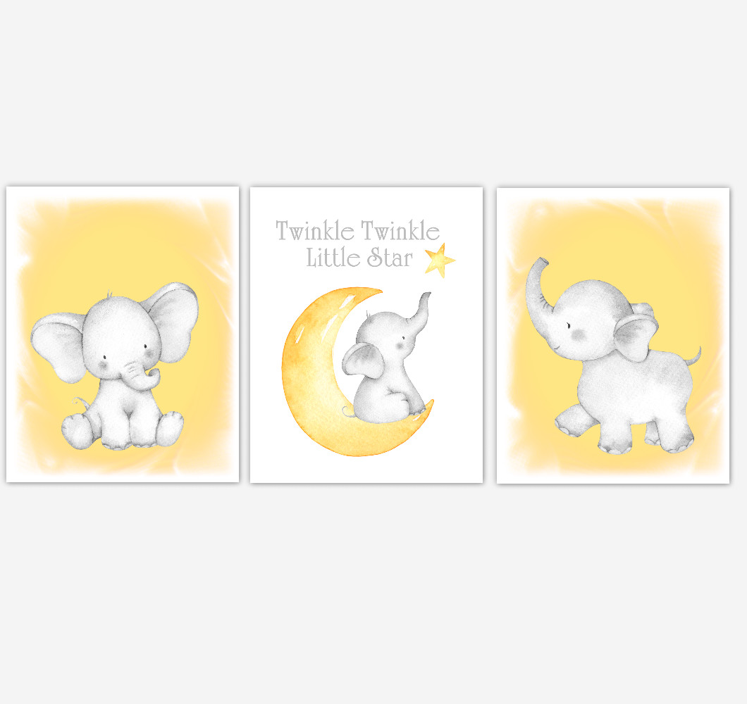 Yellow Elephant Baby Girl Nursery Decor Watercolor Wall Art Shower Gift Kids Bedroom Pictures Set of 3 UNFRAMED PRINTS or CANVAS