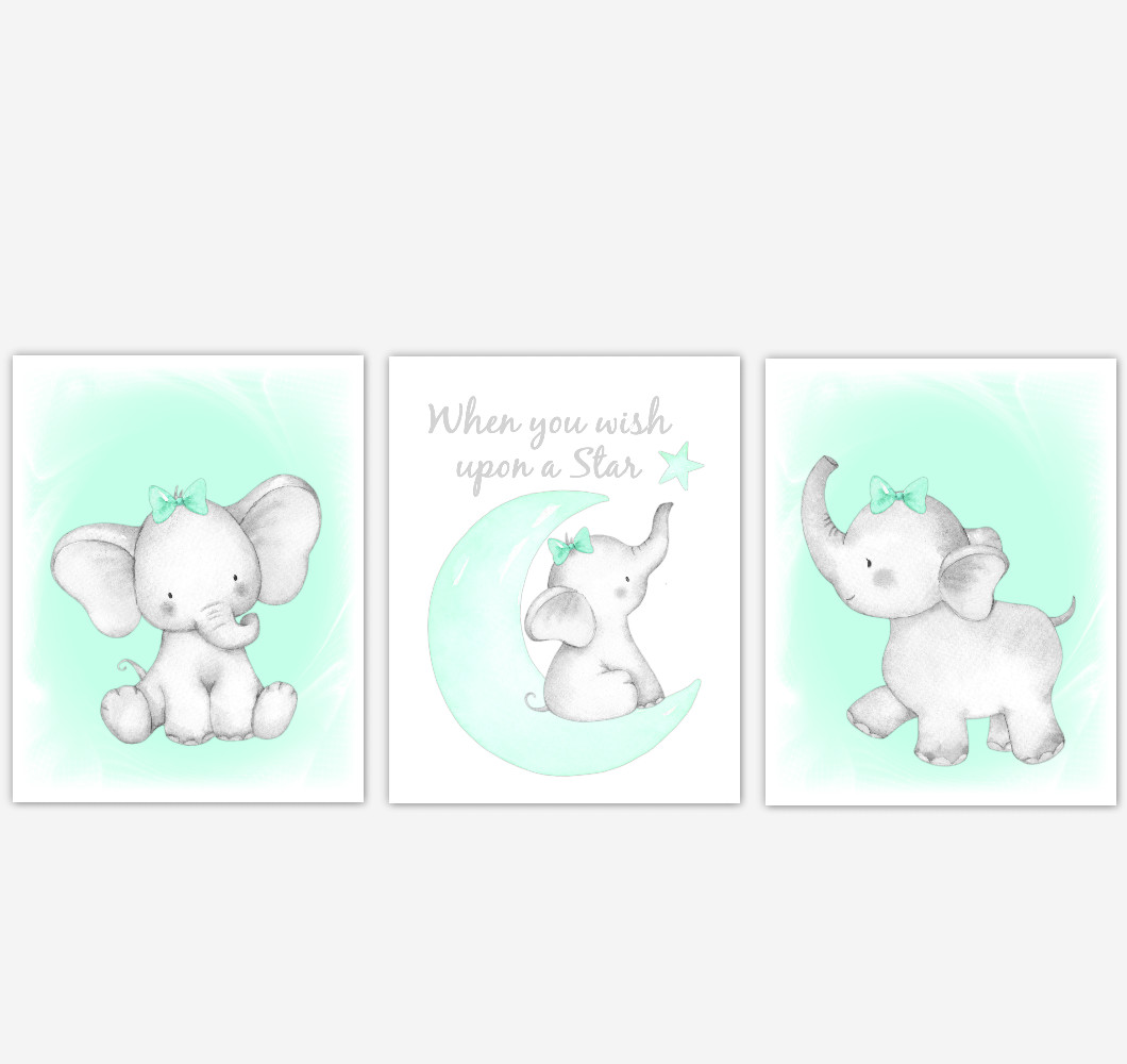 Mint Elephant Baby Girl Nursery Decor Watercolor Wall Art Shower Gift Kids Bedroom Pictures Set of 3 UNFRAMED PRINTS or CANVAS