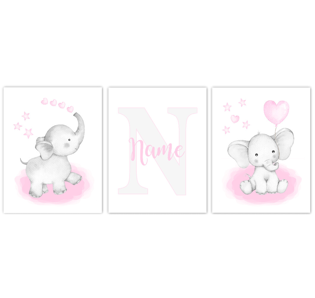 Watercolor Pink Elephants Baby Girl Nursery Art Wall Decor 3 UNFRAMED PRINTS or CANVAS