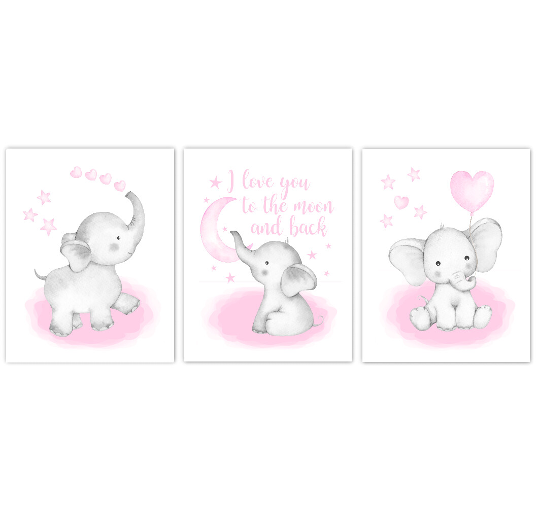 Watercolor Pink Elephants Baby Girl Nursery Art Wall Decor 3 UNFRAMED PRINTS or CANVAS