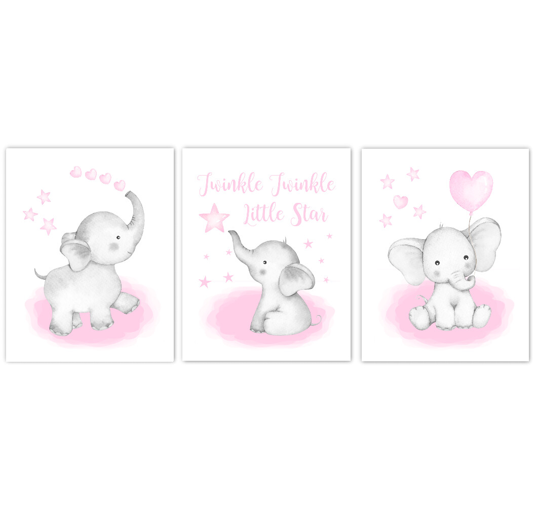Watercolor Pink Elephants Baby Girl Nursery Art Wall Decor 3 UNFRAMED PRINTS or CANVAS