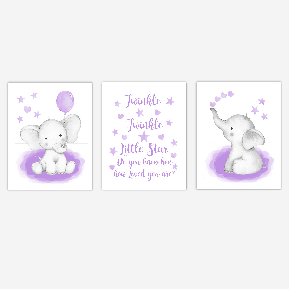 Watercolor Purple Elephants Baby Girl Nursery Art Wall Decor  3 UNFRAMED PRINTS or CANVAS