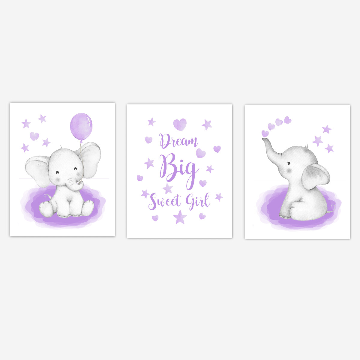 Watercolor Purple Elephants Baby Girl Nursery Art Wall Decor 3 UNFRAMED PRINTS or CANVAS