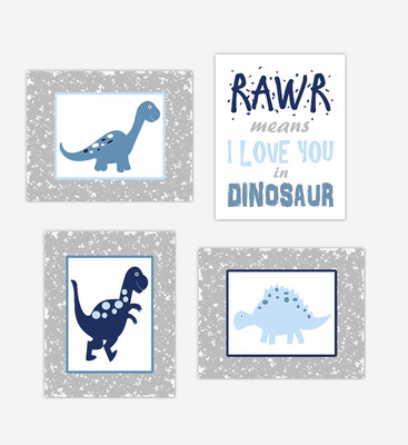 Dinosaur Baby Boy Nursery Wall Art Navy Blue Gray Dinos Print Baby Nursery Decor Playroom RAWR Means I Love You In Dinosaur