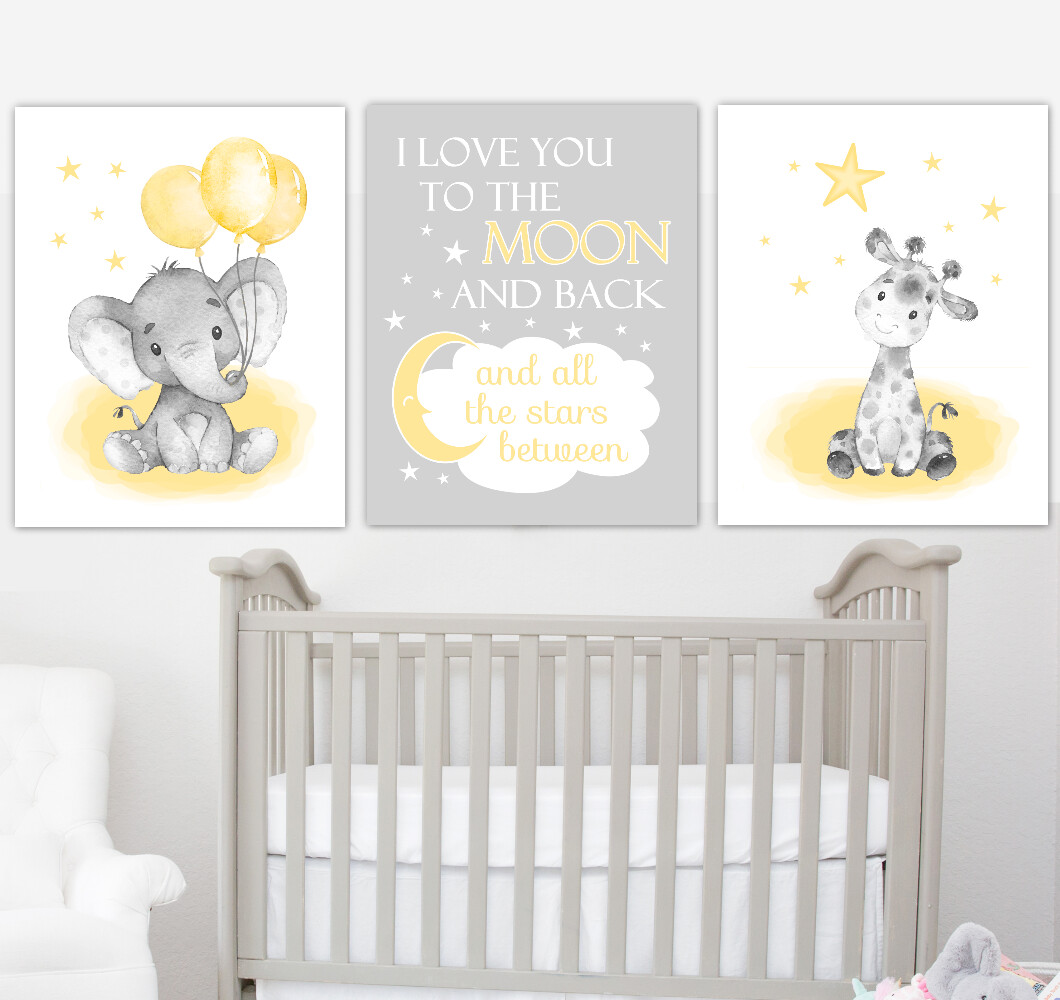 Yellow Baby Nursery Art Elephant With Balloons Giraffe Safari Animals Gender Neutral Wall Decor 3 UNFRAMED PRINTS or CANVAS