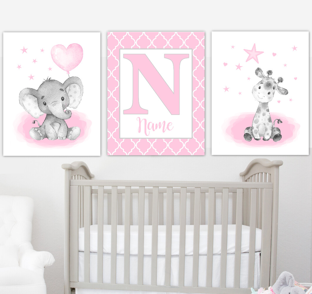 Baby Girl Nursery Wall Art Pink Elephants Safari Animals Personalized Decor 3 UNFRAMED PRINTS 