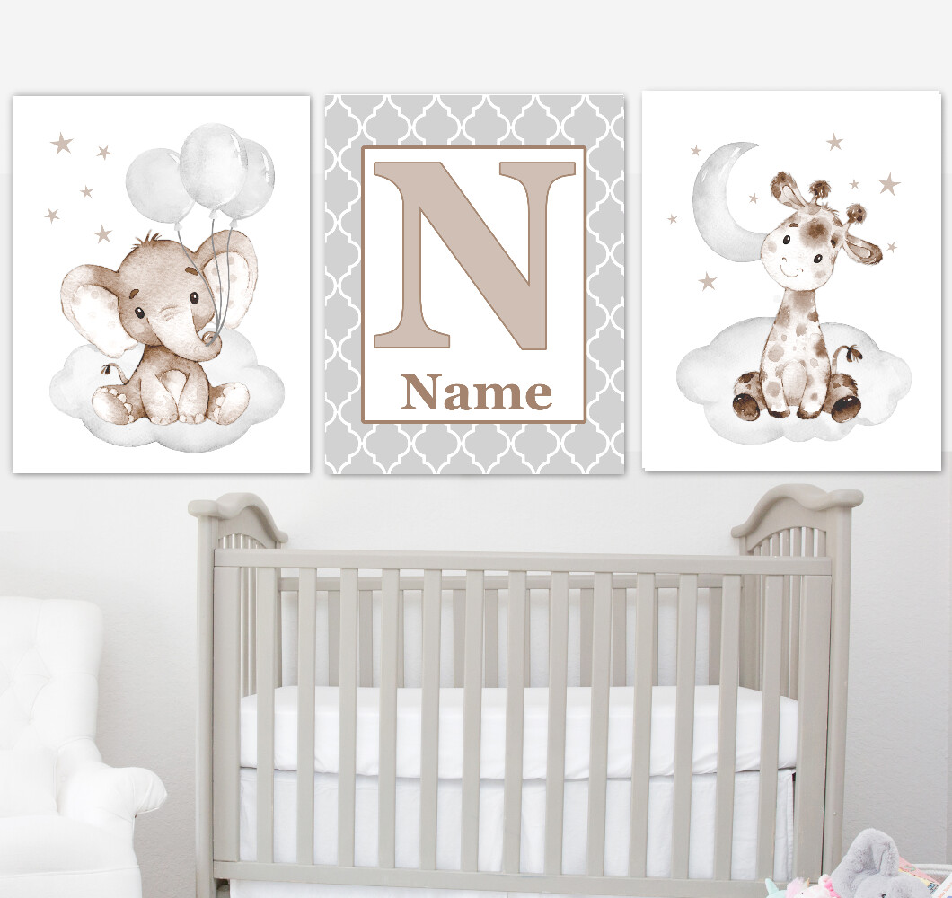 Baby Boy Nursery Art Elephant With Balloons Giraffe Brown Gray Safari Animals Personalized Wall Decor 3 UNFRAMED PRINTS or CANVAS