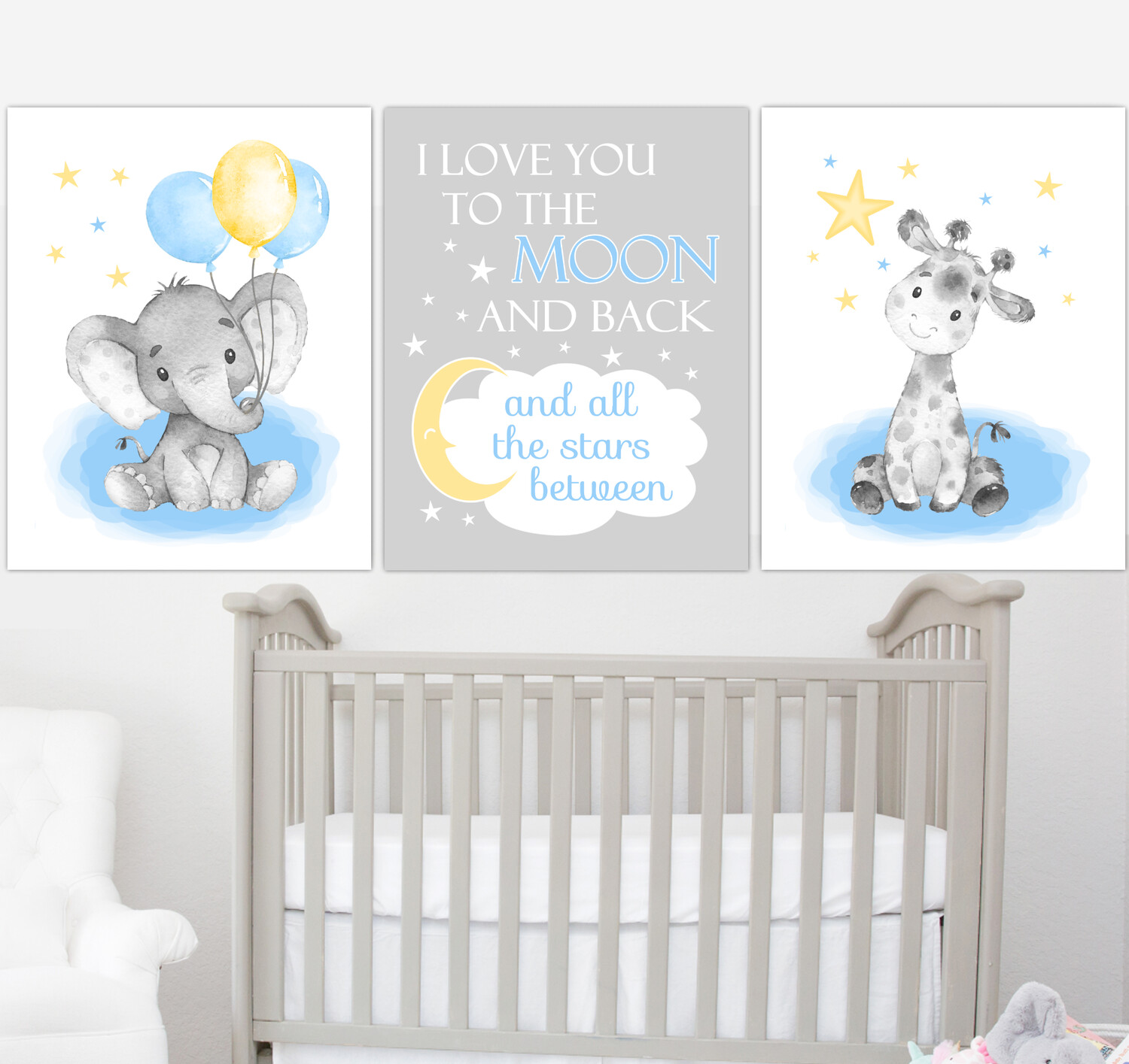 Blue Yellow Baby Boy Nursery Art Elephant With Balloons Giraffe Safari Animals Wall Decor 3 UNFRAMED PRINTS or CANVAS