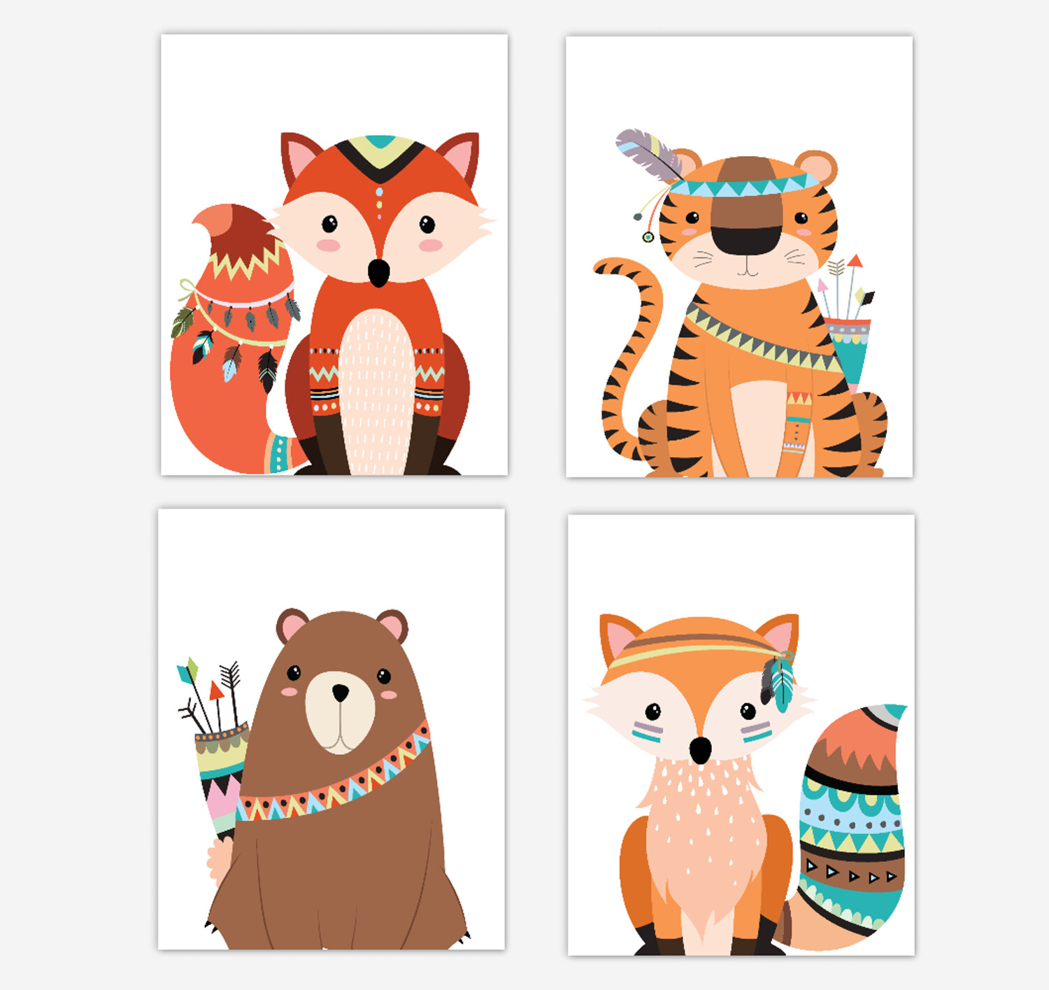 Tribal Fox Wall Art Woodland Animals Tiger Bear Baby Boy Wall Decor 4 Unframed Prints Or Canvas Dezignerheart Designs C Personalized Baby Nursery Decor Gifts Canvas Wall
