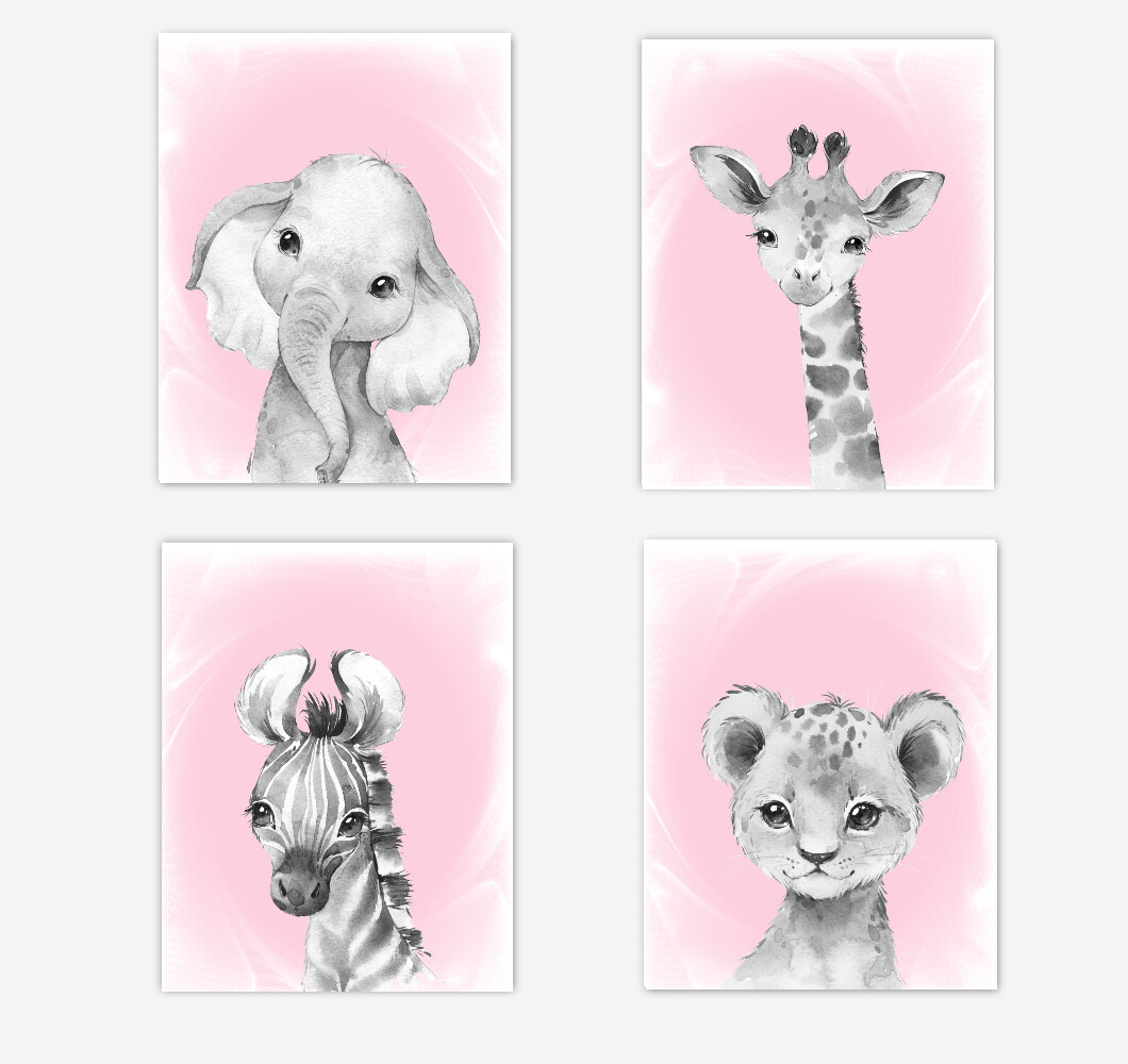 Safari Animals Baby Girl Nursery Wall Art Decor Pink Elephant Giraffe Lion Zebra 4 UNFRAMED PRINTS or CANVAS
