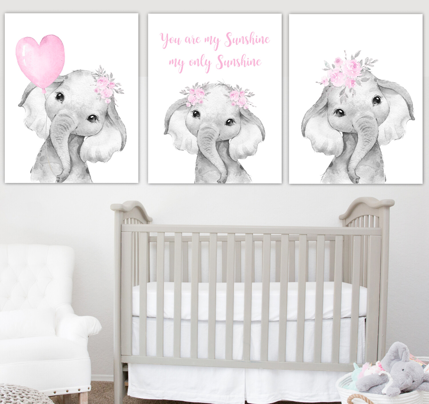 Pink Baby Girl Nursery Art Elephant With Balloons Watercolor Flowers Safari Animals Wall Decor 3 UNFRAMED PRINTS or CANVAS