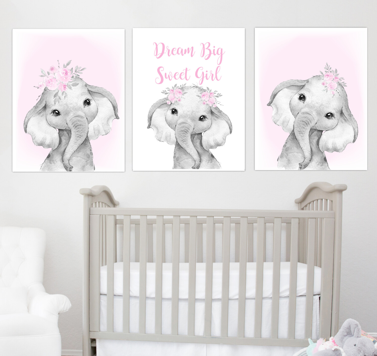 Pink Baby Girl Nursery Art Elephant With Balloons Watercolor Flowers Safari Animals Wall Decor 3 UNFRAMED PRINTS or CANVAS