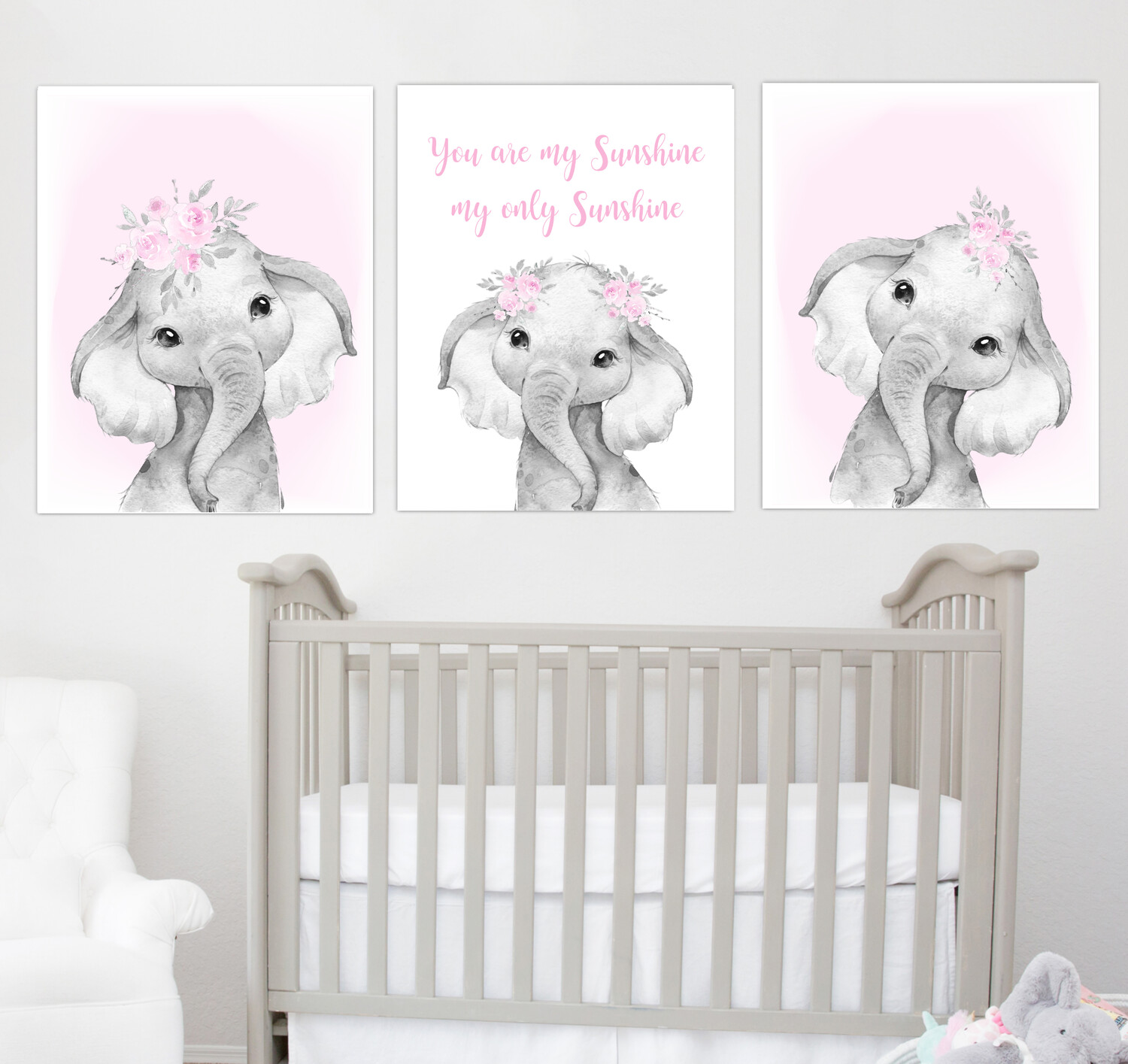 Pink Baby Girl Nursery Art Elephant Watercolor Flowers Safari Animals Wall Decor 3 UNFRAMED PRINTS or CANVAS