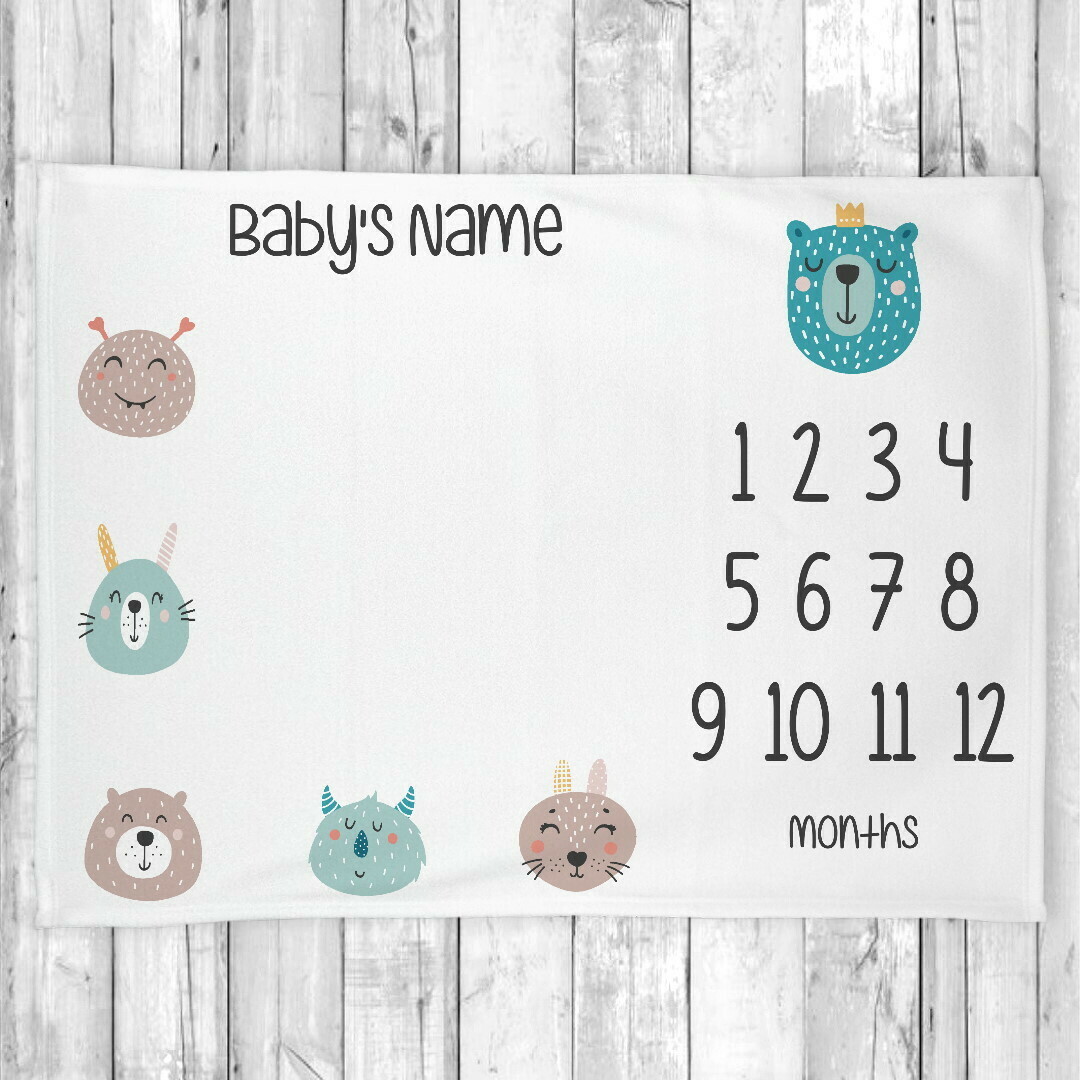 Monthly Milestone Baby Boy Blanket Cute Faces Monthly Baby Blanket Personalized Baby Blanket Shower Gift