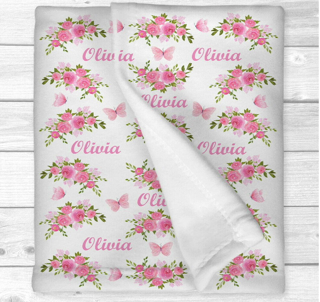 Personalised Baby Blanket Butterfly & Flowers Design Pink Newborn Gift Girl 