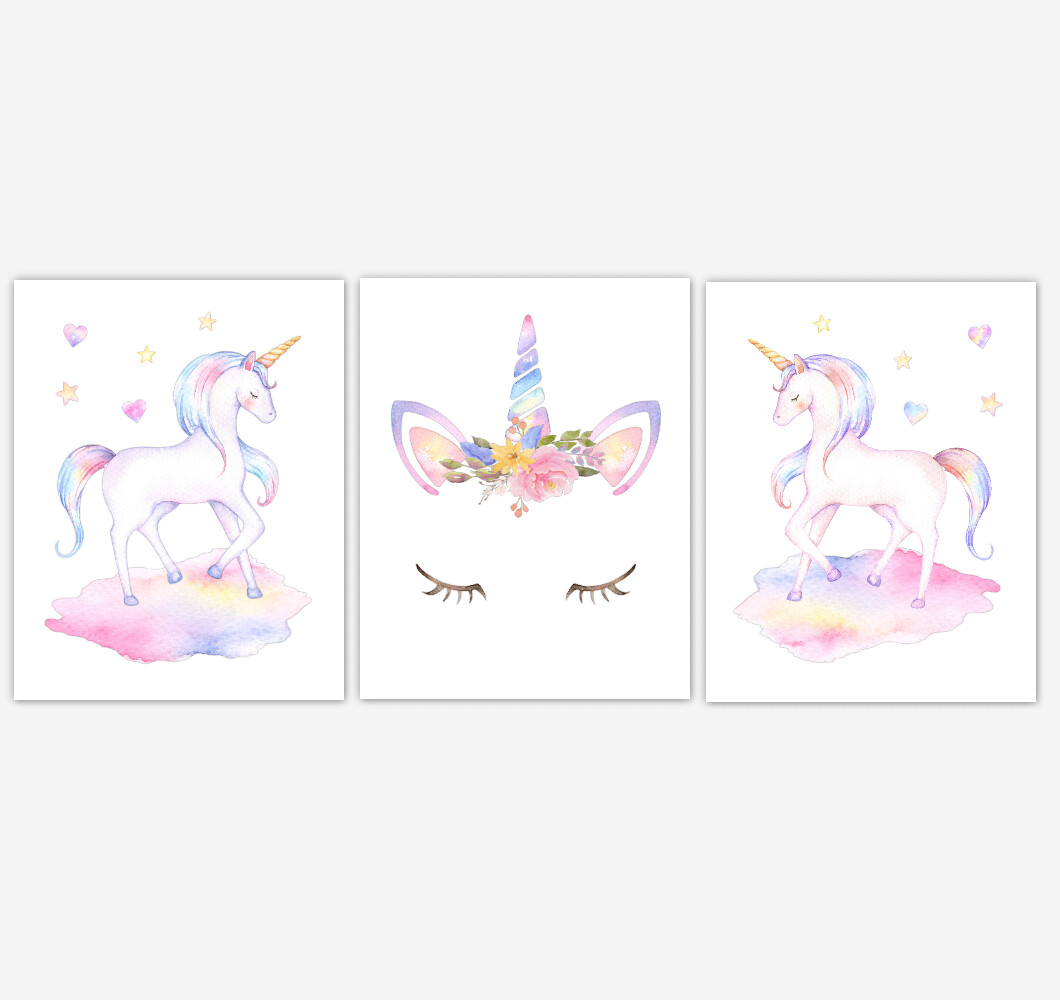 Rainbow Unicorn Wall Art Girl Bedroom Art Unicorn Baby Nursery Decor Art Prints or Canvas