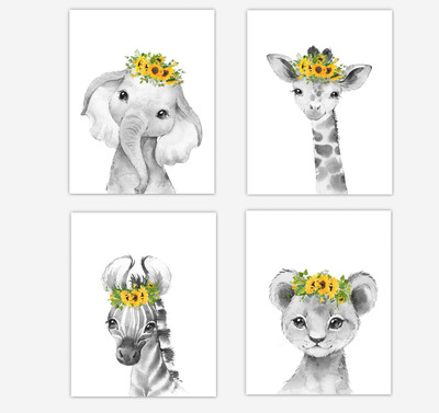 Safari Animals Baby Girl Nursery Wall Art Decor Sunflowers Floral Elephant Giraffe Lion Zebra 4 UNFRAMED PRINTS or CANVAS