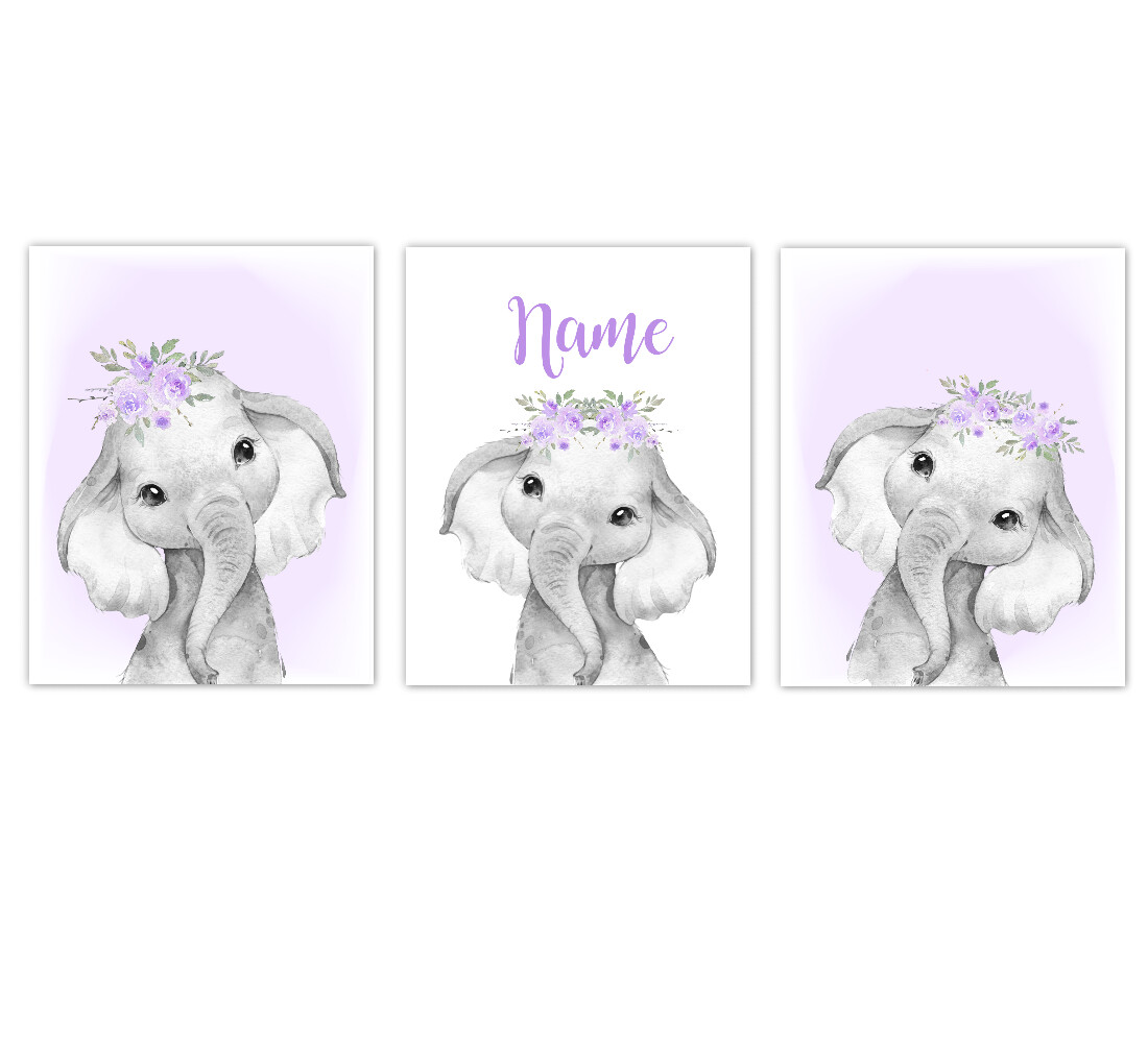 Elephant Baby Girl Nursery Wall Art Decor Purple Floral Crown Elephant Personalized Prints SET OF 3 UNFRAMED PRINTS or CANVAS