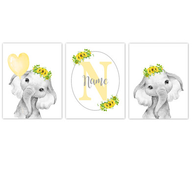 Elephant Baby Girl Nursery Wall Art Decor Yellow Sunflower Floral Crown Elephant Personalized Prints SET OF 3 UNFRAMED PRINTS or CANVAS