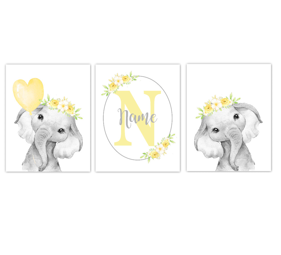 Elephant Baby Girl Nursery Wall Art Decor Yellow Floral Crown Elephant Prints SET OF 3 UNFRAMED PRINTS or CANVAS
