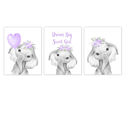 Elephant Baby Girl Nursery Wall Art Decor Purple Floral Crown Elephant Prints SET OF 3 UNFRAMED PRINTS or CANVAS