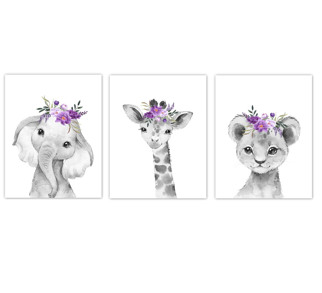 Safari Animal Baby Girl Nursery Wall Art Decor Purple Floral Crown Elephant Giraffe Lion Prints SET OF 3 UNFRAMED PRINTS or CANVAS
