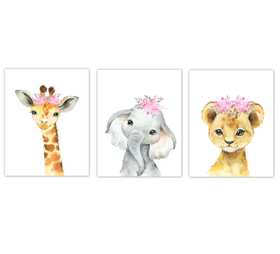 Safari Animals Baby Girl Nursery Wall Art Decor Pink Floral Crown Animal Prints SET OF 3 UNFRAMED PRINTS or CANVAS