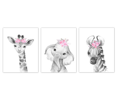Safari Animals Baby Girl Nursery Wall Art Decor Pink Floral Crown Animal Prints SET OF 3 UNFRAMED PRINTS or CANVAS