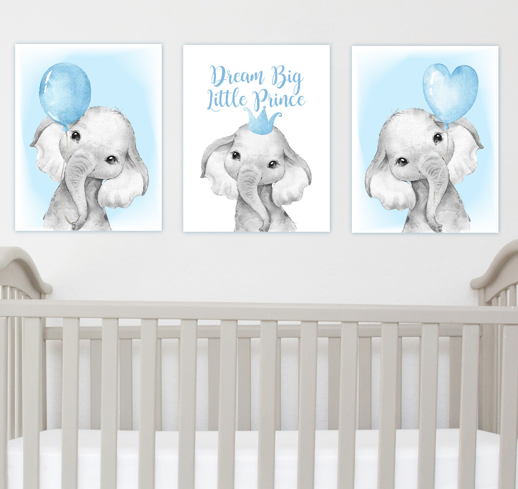 Elephants Baby Boy Nursery Wall Art Decor Blue Art Prints 3 UNFRAMED PRINTS or CANVAS